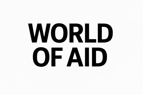 Logo that says WORLD OF AID in black text with white background